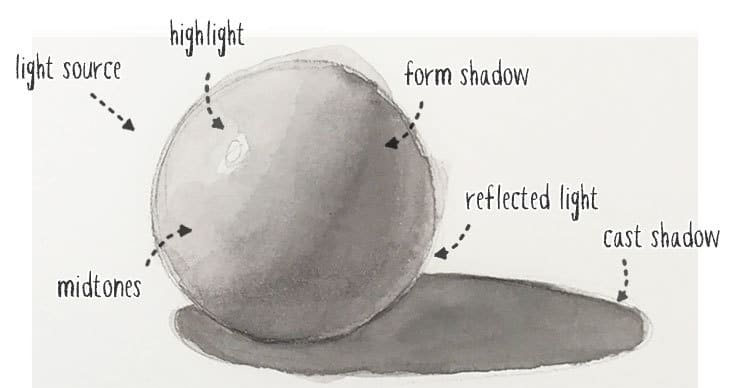 watercolor sphere shading and shadow