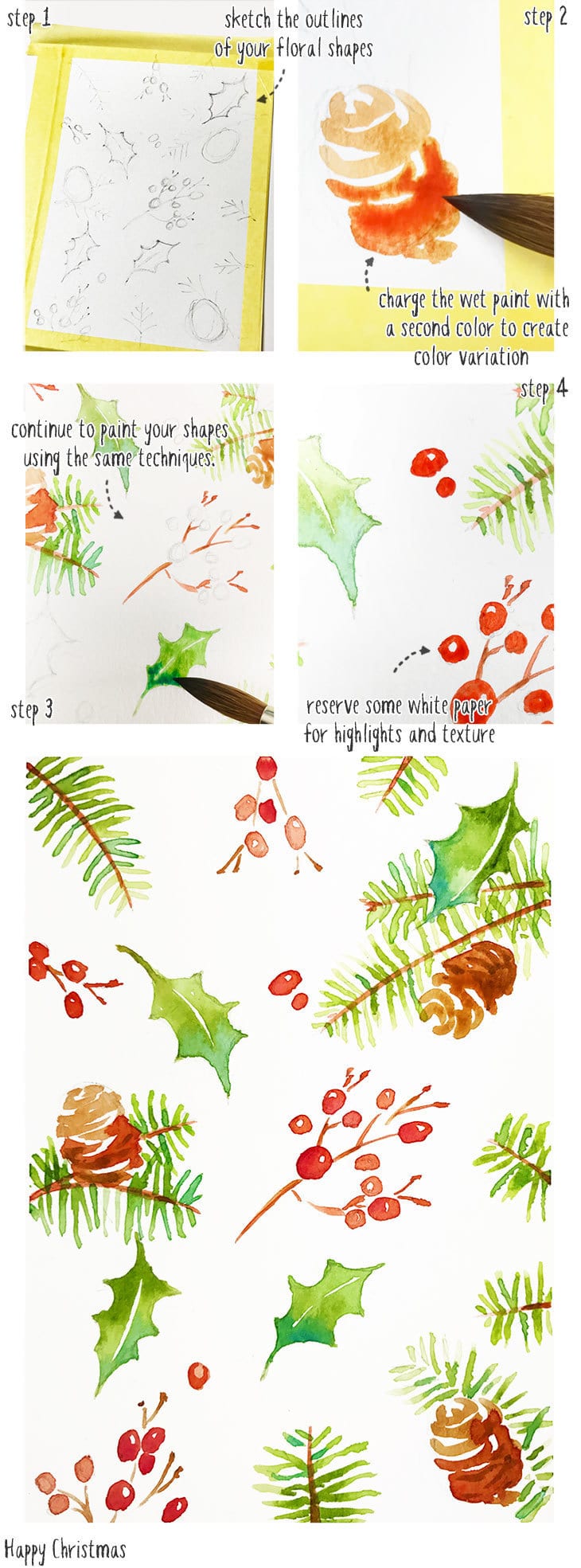 painting a floral watercolor christmas card pattern