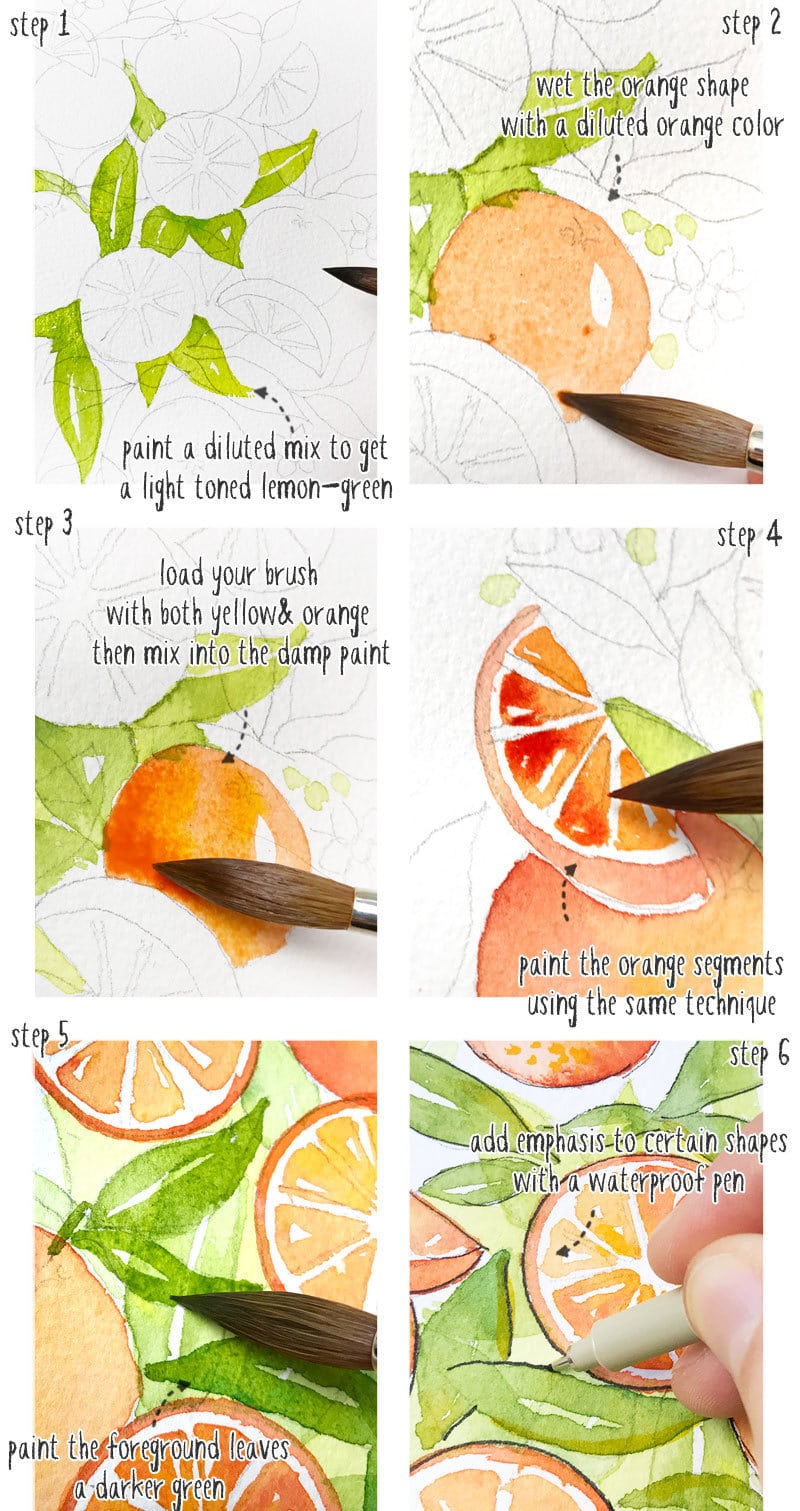 pen and ink watercolor oranges composition tutorial