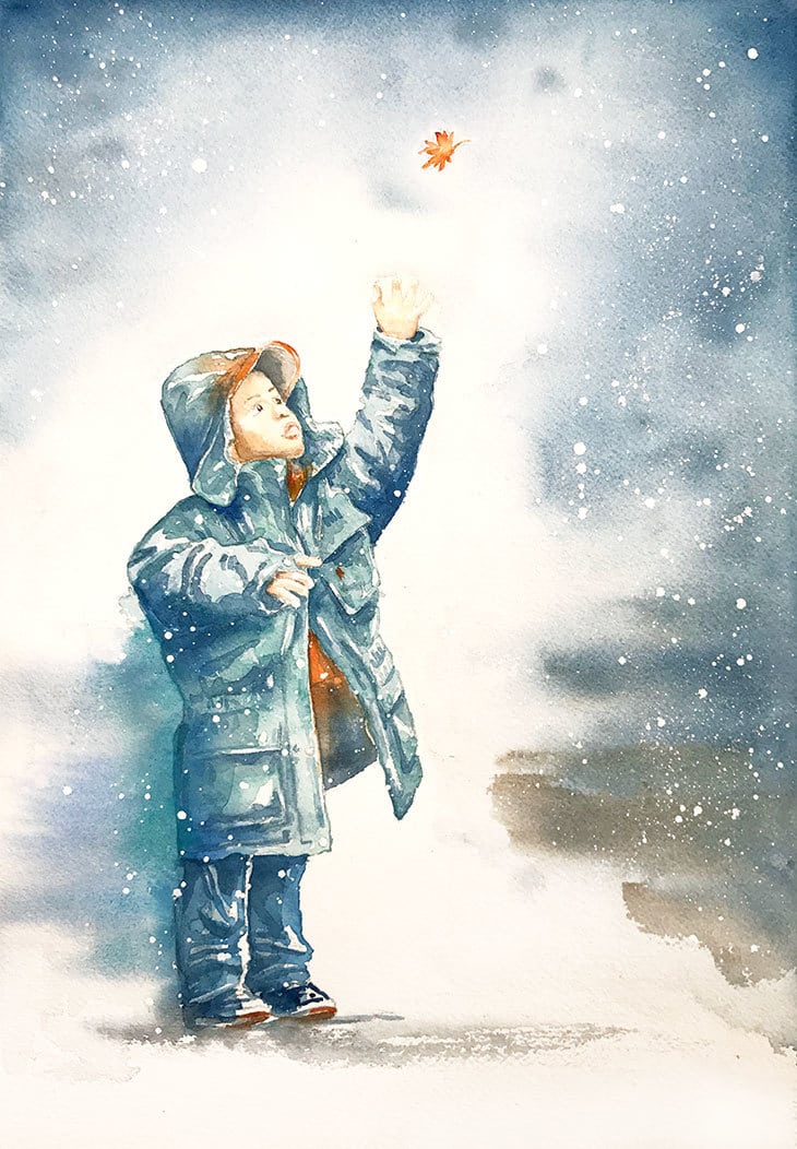 winter watercolor scene boy in the snow