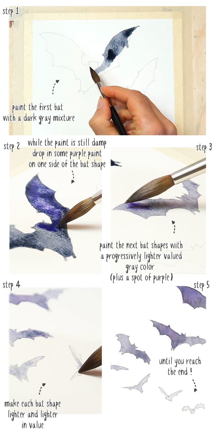 halloween watercolor bat step by step