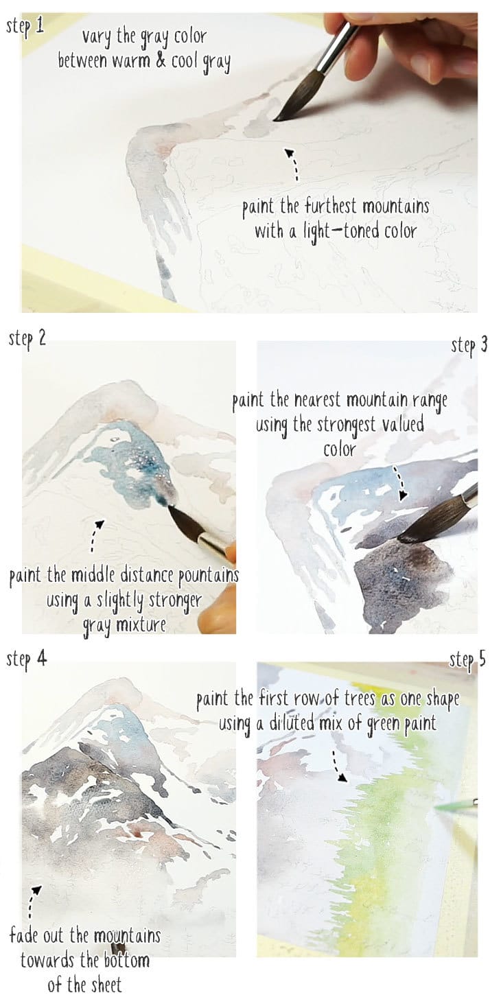 watercolor winter mountains step by step stage 01