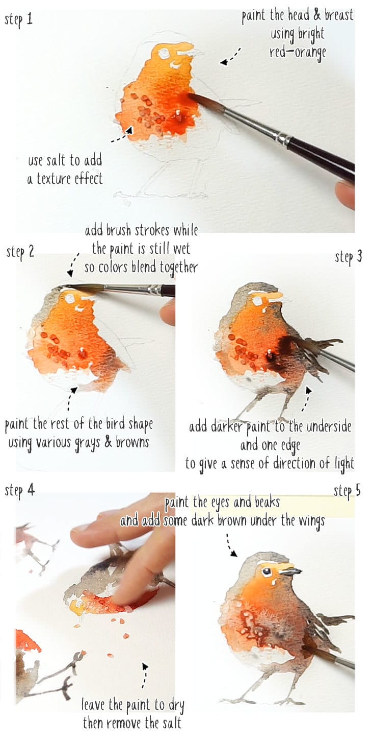 winter robins watercolor step by step