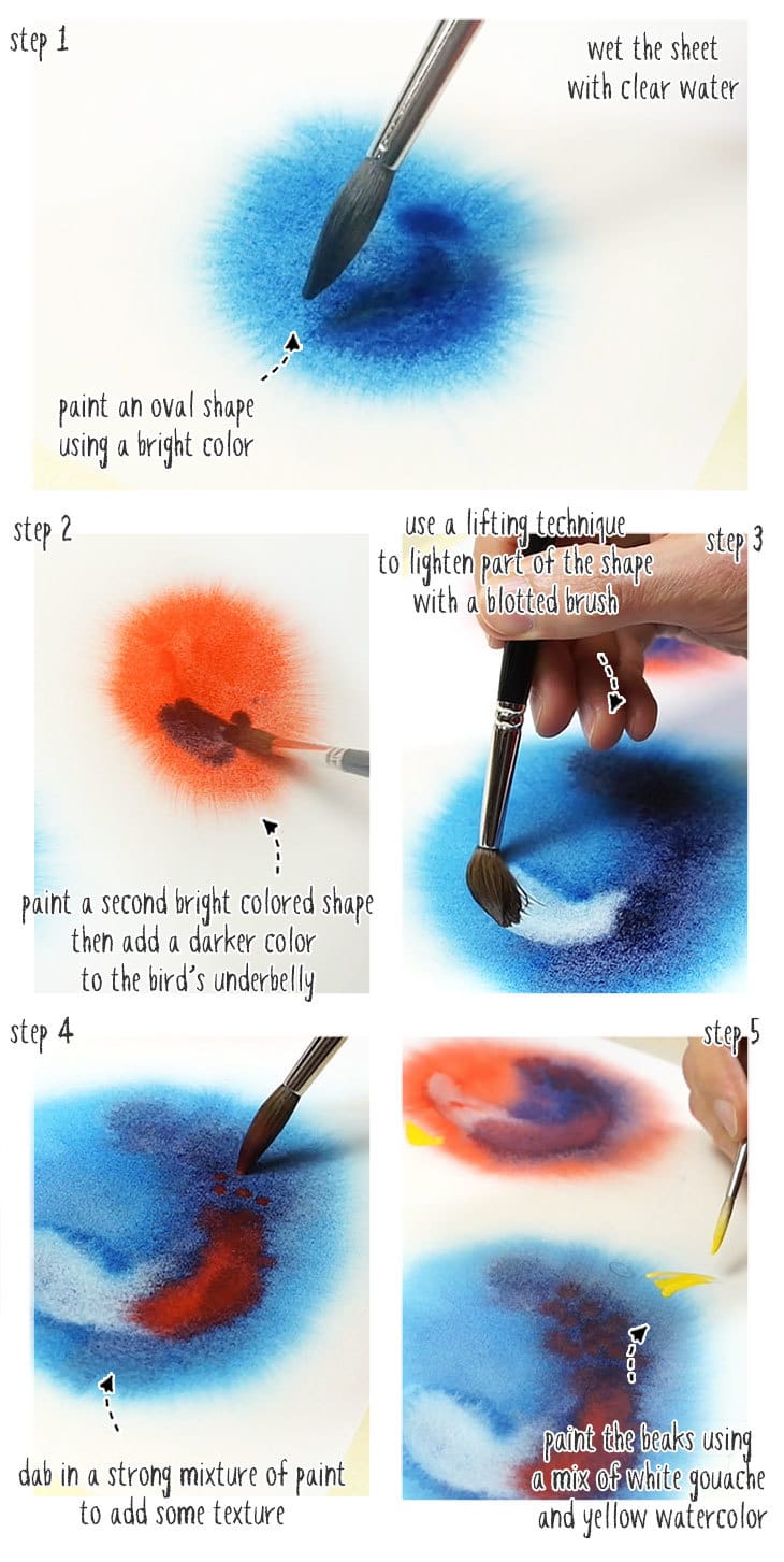 watercolor fuzzy birds step by step stage 1