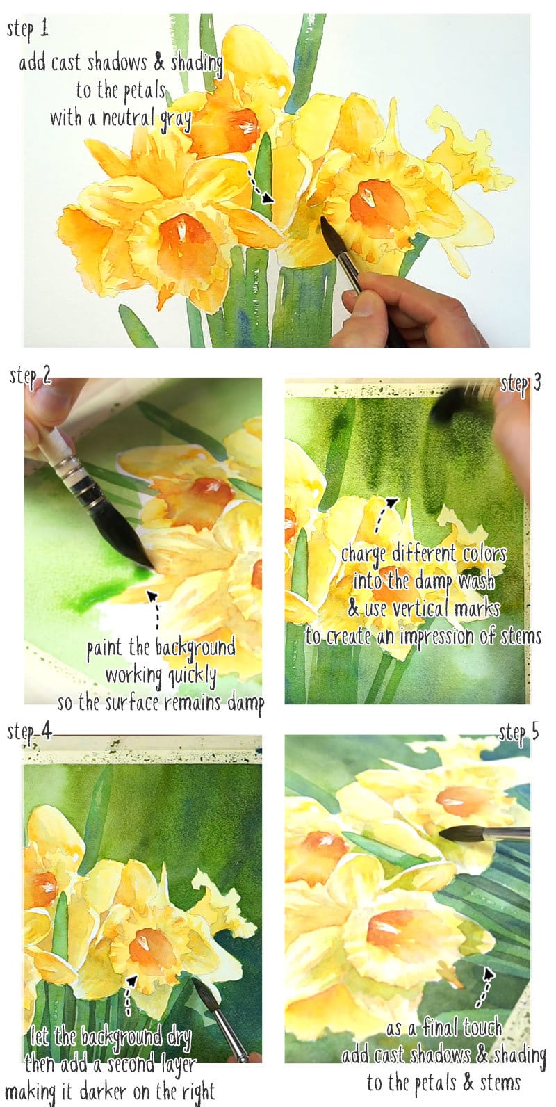 watercolor daffodils step by step tutorial stage 2