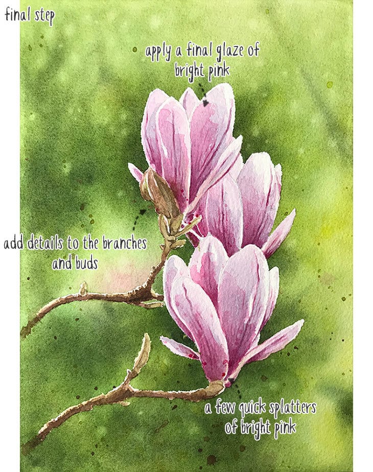 final step watercolor magnolia painting