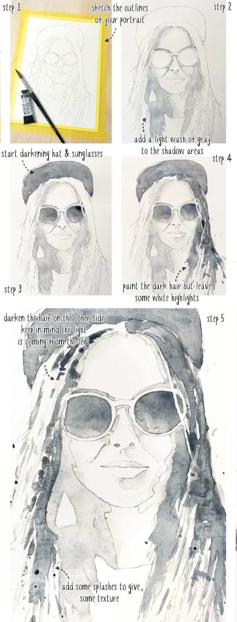 monochrome watercolor portrait tutorial step by step