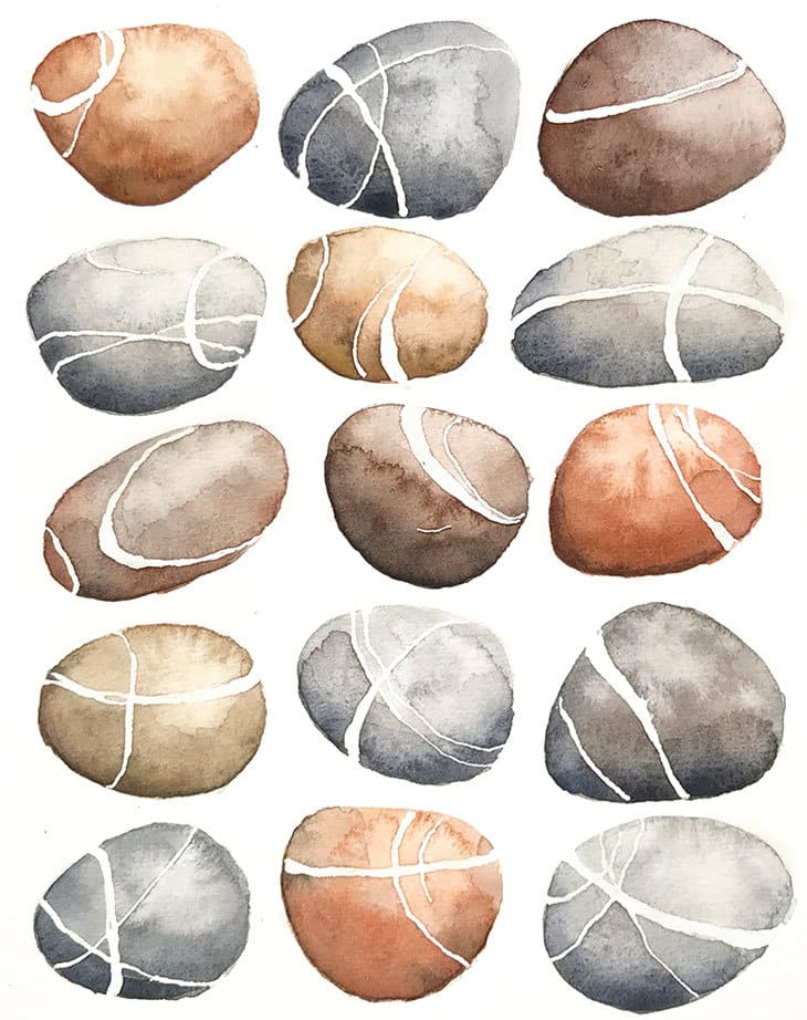 painting watercolor pebbles using a bloom technique