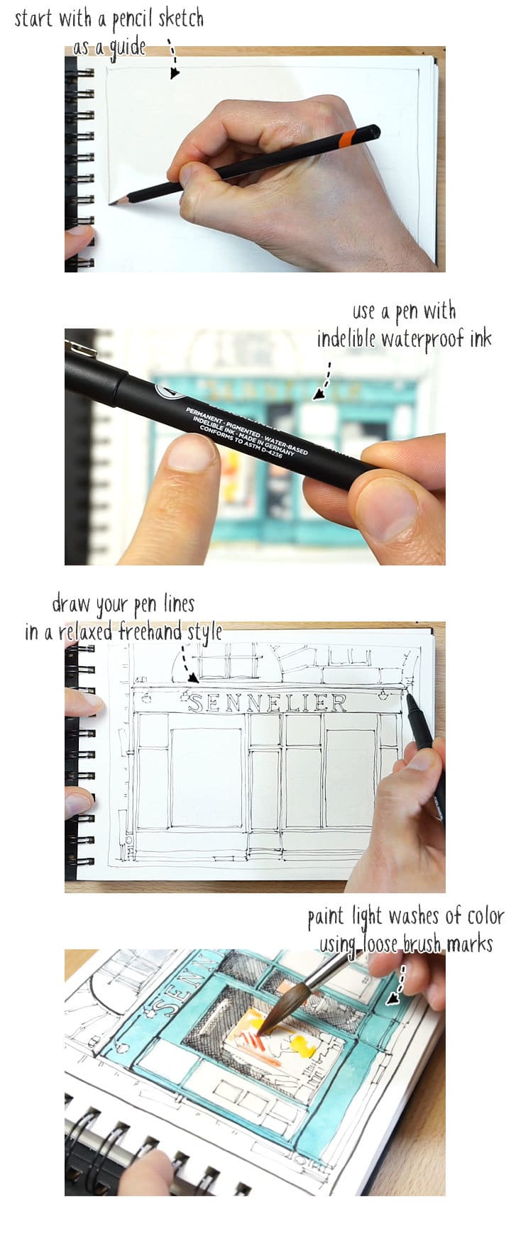 watercolor and pen step by step process