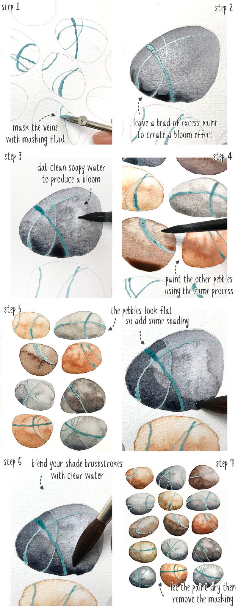 watercolor blooms step by step pebbles tutorial