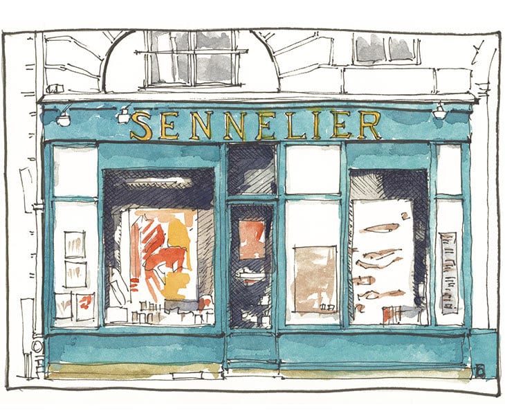 watercolor and pen sketch of the sennelier store