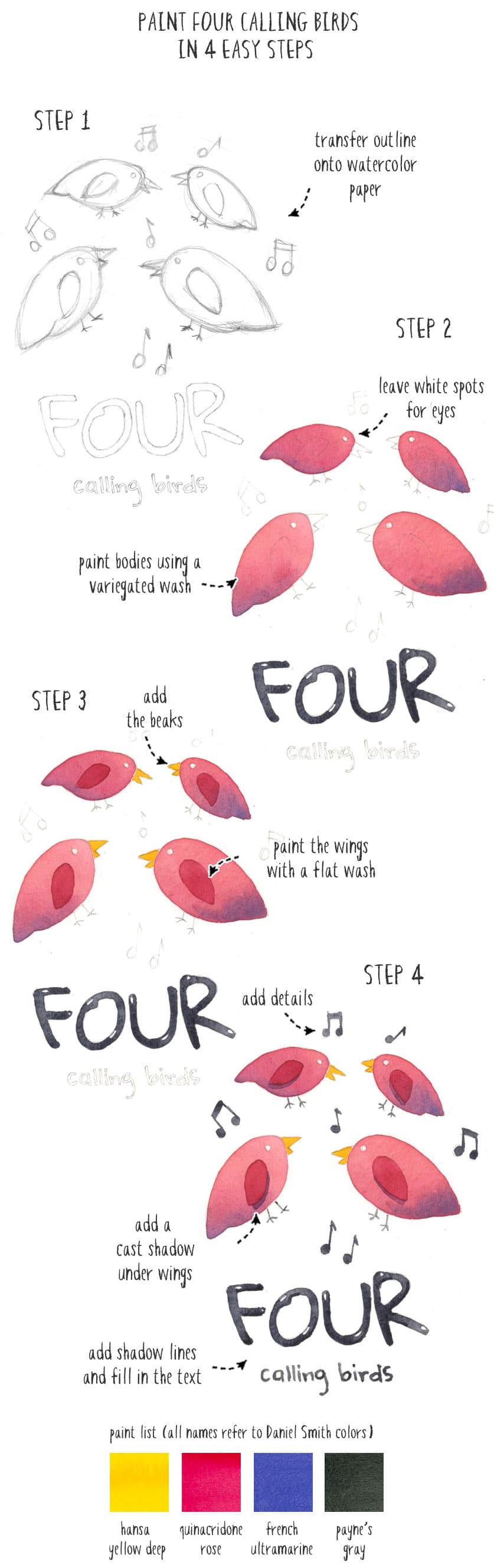 four calling birds 4 step painting process