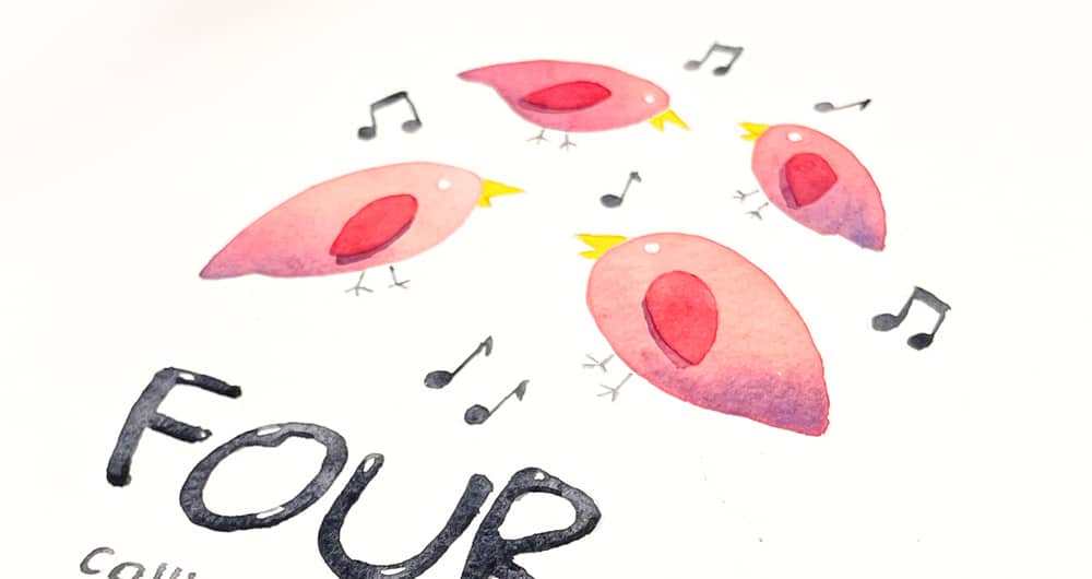 four calling birds in watercolor