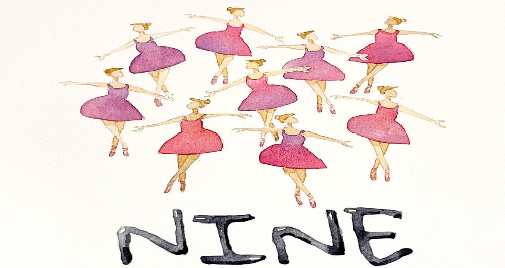 nine ladies dancing in watercolor
