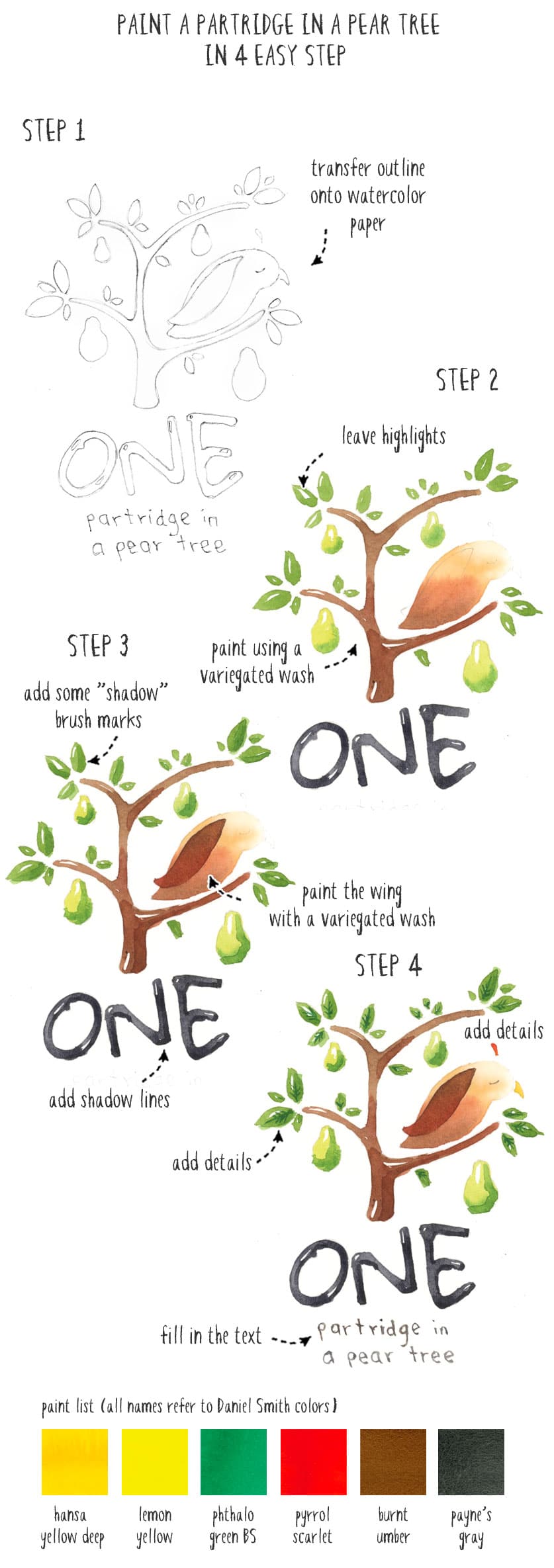 partridge in a pear tree 4 step painting process
