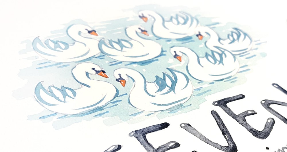 seven swans a swimming in watercolor