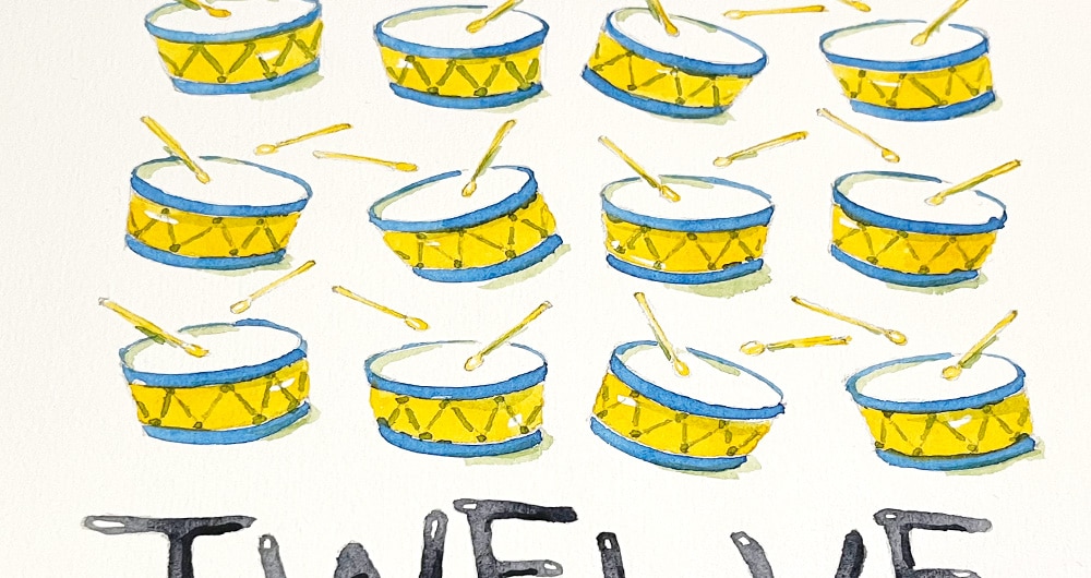 twelve drummers drumming in watercolor