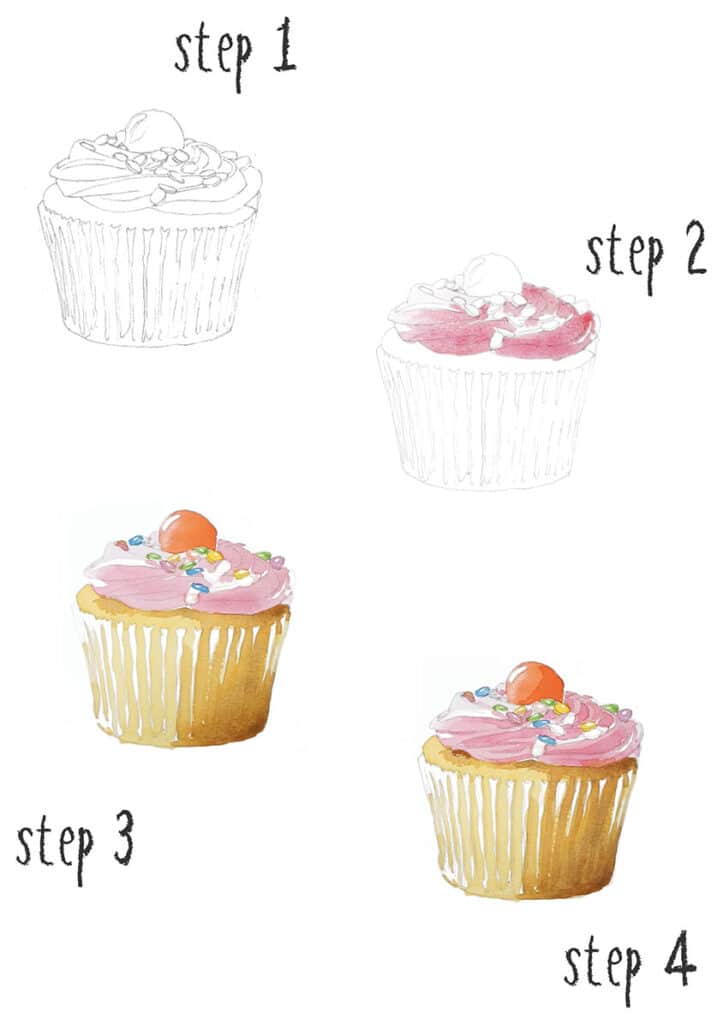 4 steps of the cupcake painting process