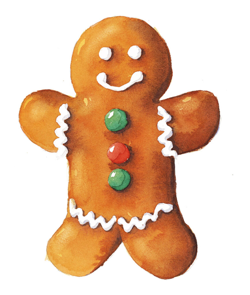 finished watercolor painting of a gingerbread man